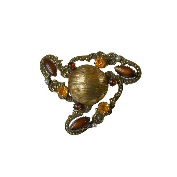 1960s Original by Robert Asymmetrical Brass  Glass Cabs & Rhinestone Pin Brooch - Picture 3 of 3